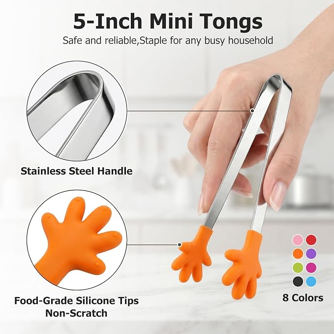 SHINDEL Mini Tongs, 8 PCS Silicone Hand Shape Food Tongs, 5 Inch | Colourful Small Tongs for Toolfor Candy, Snacks, Chips, Cookies, Appetizers, Fruit, Ice Cubes, Party, Buffet & Dessert Table
