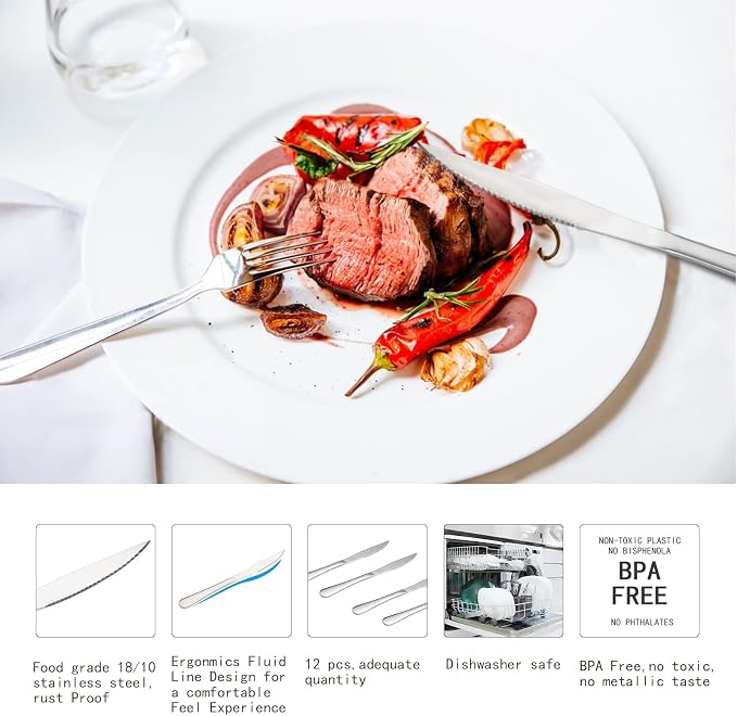 16-Piece Steak Knife and Dinner Fork Set for 8, Stainless Steel Serrated Steak Knives and Dinner Forks, Mirror Polished Flatware Set, Dishwasher Safe, Silver