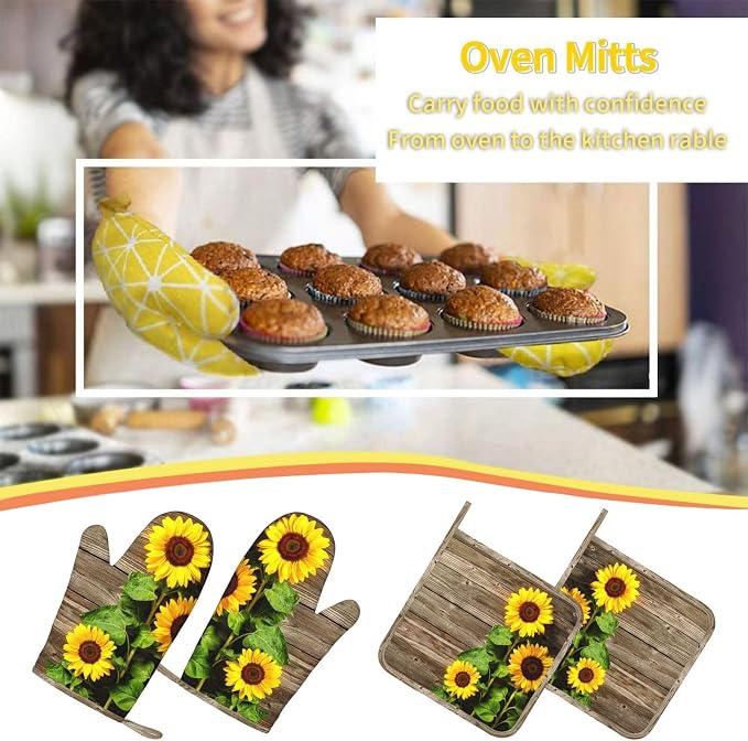 Sunflower Wooden Retro Oven Mitts and Pot Holders Sets of 4, Heat Resistant Silicone Oven Mittens and Potholders Gloves Hot Pads for Kitchen Cooking Baking Grilling BBQ Chef