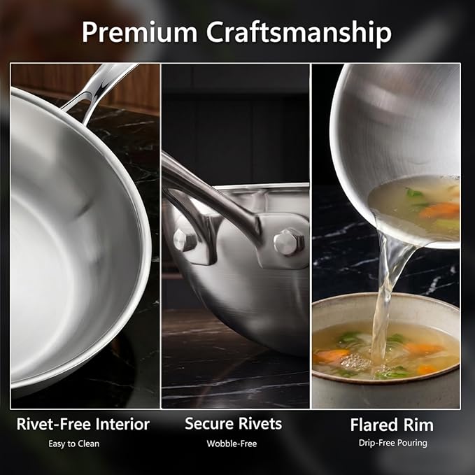 WANGYUANJI 4.2 QT Tri-Ply Stainless Steel Wok Pan with Lid, 12" Flat Bottom Stir Fry Skillet for Asian Cuisine, Premium 18/10 Induction Cookware for 3-4 Servings, Oven Safe