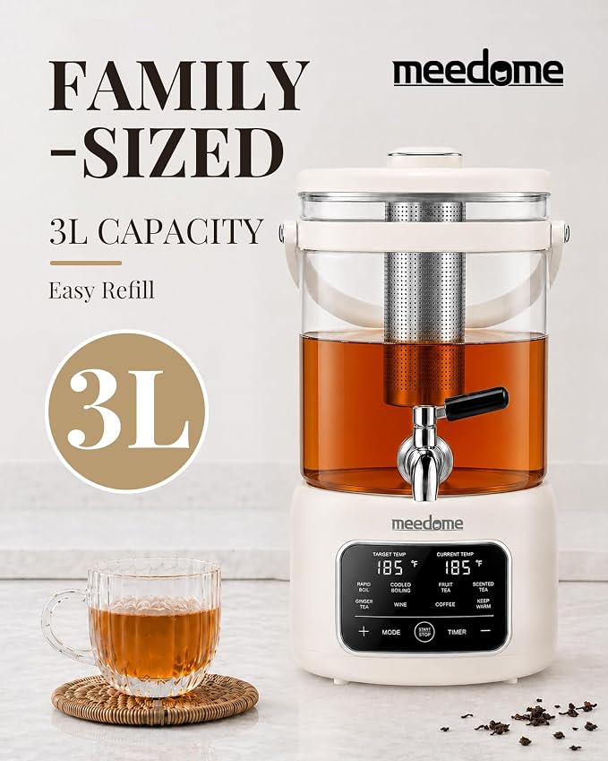 3L Electric Kettle & Beverage Dispenser with Infuser, Spigot - All-in-One Health Pot for Iced Tea/Coffee, Temperature Control, Glass Pitcher - Home & Office Use