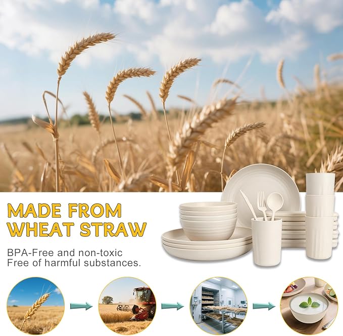 PYRMONT 28 Piece Wheat Straw Dishware Sets Unbreakable Plates and Bowls Sets for 4 Plastic Dishes Set Alternative Microwave & Dishwasher Safe Bowls for Kitchen,Picnic Set-Beige