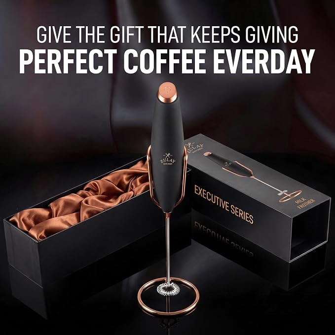 Zulay Kitchen Powerful Milk Frother Wand With Duracell Batteries - Ultra Fast Handheld Drink Mixer - Electric Whisk Foam Maker for Coffee, Lattes, Cappuccino & Matcha - Z1 Motor - Exec Black Copper