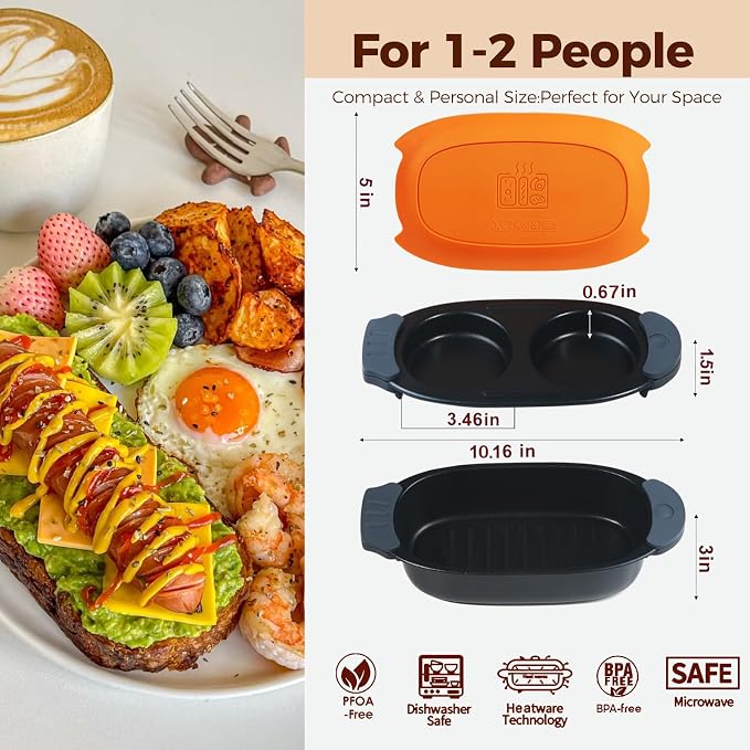 MKYSAIL Quick-Heat Microwave Egg Cooker and 33 OZ Microwave Grill Combo | 2-Piece Breakfast Maker Set for Grilling,Crisping,Bacon,Pancakes & Veggies,Dishwasher Safe,Non-Stick for RV,Dorm,Gift(Orange)