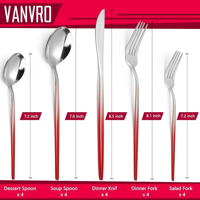 VANVRO Gradient Red Silverware Set, 20-Piece Stainless Steel Flatware Set, Kitchen Dinnerware Set Service for 4, Include Knife/Fork/Spoon, Mirror Polished, Dishwasher Safe