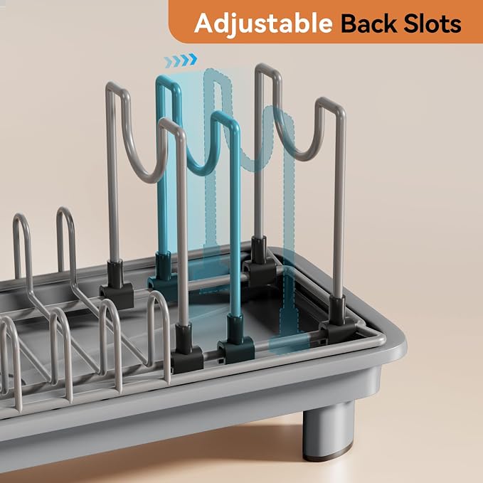 Laveshop Small Dish Drying Rack, Compact Dish Drainer for Kitchen Counter, with Adjustable Back Slots, Space-Saving for Small Kitchens, Gray