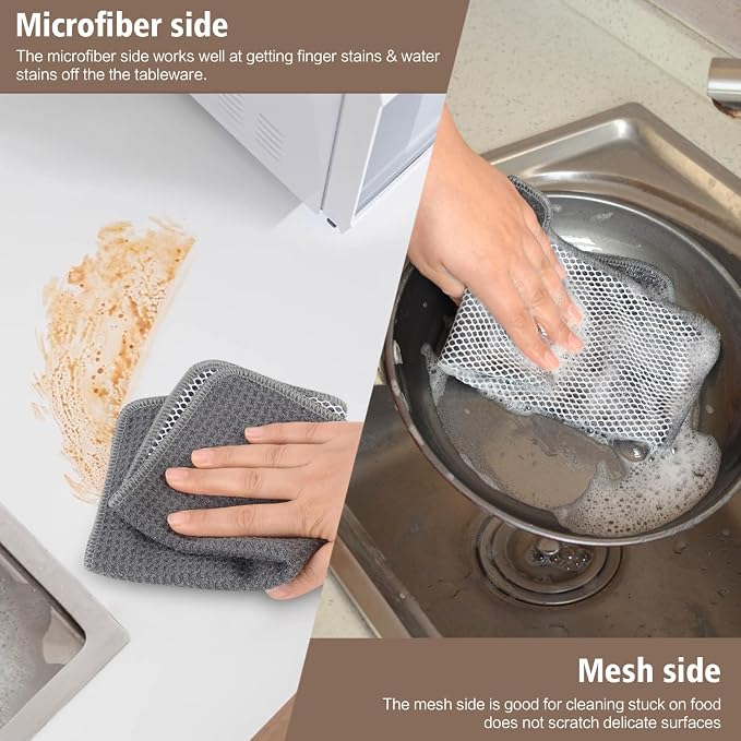 Dish Cloths for Washing Dishes with Scrub Side, Microfiber Dish Rags | Dual-sided microfiber dish cloths with scrubber for stuck-on food, quick dry kitchen washcloths 9 Pack, 9" x 9 Inch Gray-B