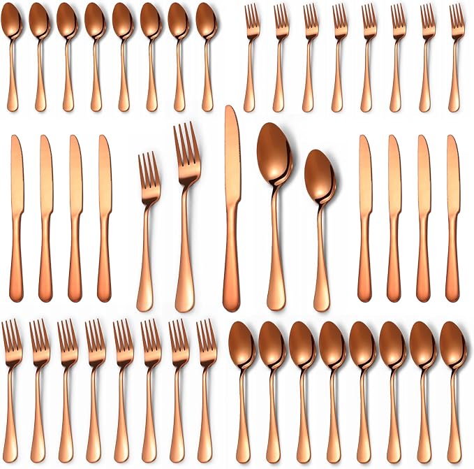 40 Pcs Rose Gold Silverware Set for 8, Food Grade Stainless Steel Flatware Set, Eating Utensils Sets Include Fork/Knife/Spoon, Reusable Cutlery Set for Home Kitchen, Dishwasher Safe, Round Edge