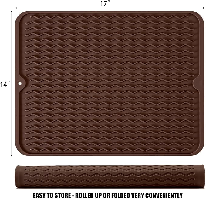 Silicone Dish Drying Mat, Non-Slip Easy Clean Sink Mat, Coffee, 17" x 14" | Quick-Dry Ridges, Large Heat-resistant Dish Drainer Mat for Kitchen Counter, Hangable & Roll-Up for Storage, Dishwasher Safe