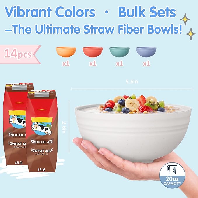 Quatish 14 PCS Unbreakable Cereal Bowls,Dishwasher & Microwave Safe Wheat Straw Bowls, Easy-to-Clean Lightweight Desserts & Soup Bowl, Portable for Picnics ，Snack Plastic Bowls Set,Beige