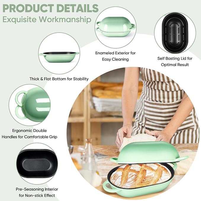 TeamFar Enameled Cast Iron Bread Loaf Pan, 2 QT Oval Dutch Oven with Lid | for Sourdough Bread Baking, Enameled Meatloaf Loaf Baking Pan with Lid, Even Heating & Self-Basting, Pistachio Green