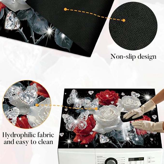 Rose Butterfly Washer Dryer Top Cover Mat 28.35x20.47 in | Heat Resistant Cooktop Protector Mat with Non-Slip Backing, Scratch Protection and Countertop Drying Mat.