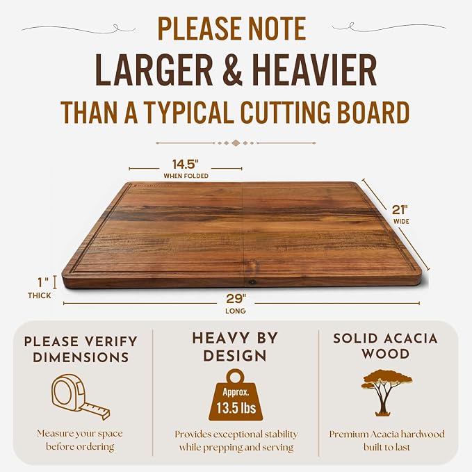 Extra Large Foldable Stovetop Cover Cutting Board – Double-Sided 29" x 21" Collapsible Noodle Board – XL Prep, Charcuterie & Sink Cover | Acacia Wood