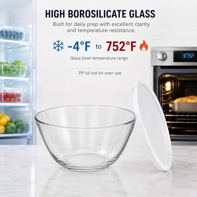 4.7Qt Extra Large Glass Mixing Bowl for Sourdough Bread Making | Glass Mixing Bowl for Sourdough Bread with Lid Clear Breads Proofing Bowl with Covers Ideal for Kitchen Storage