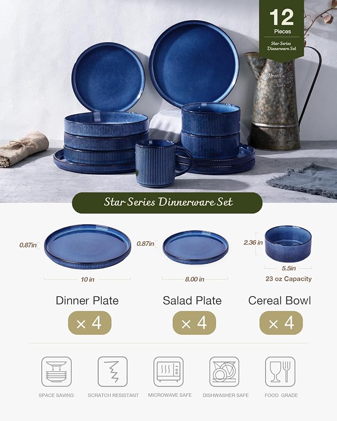 Famiware Star Stoneware Dinnerware Set, Reactive Glaze Plates & Bowls for 4 | 12-Piece Handmade Ribbed Dishes, Chip & Scratch Resistant Ceramic. Microwave & Dishwasher Safe, Rustic Modern, Nebulas Blue