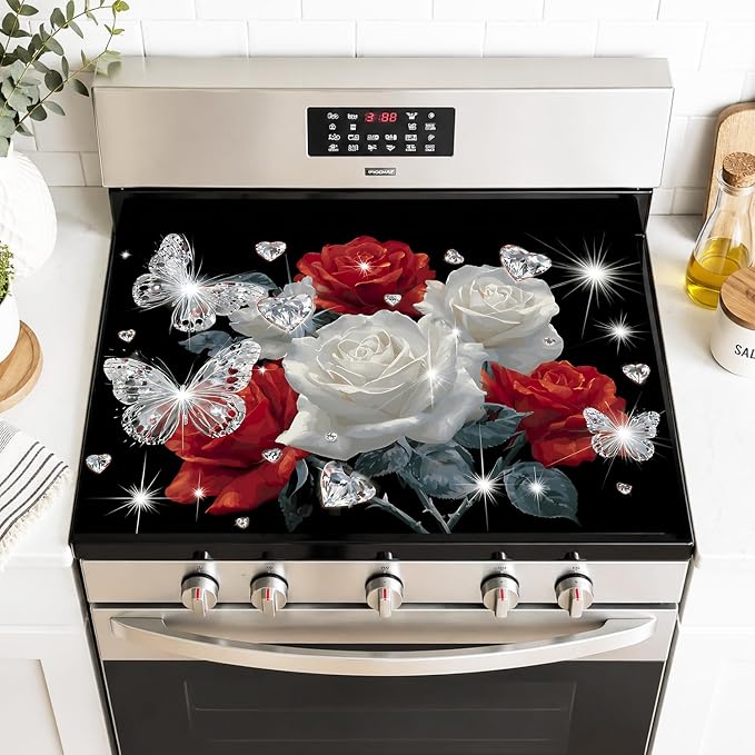 Rose Butterfly Washer Dryer Top Cover Mat 28.35x20.47 in | Heat Resistant Cooktop Protector Mat with Non-Slip Backing, Scratch Protection and Countertop Drying Mat.