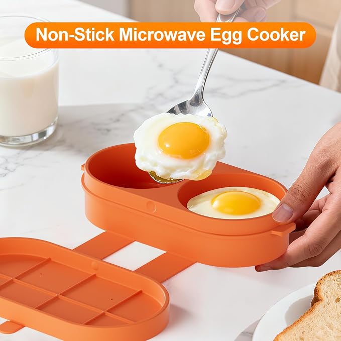 Microwave Egg Cooker, Microwave Egg Maker For Breakfast Sandwich, Silicone Double Egg Bite Molds For Scrambled Eggs Muffins, Safe for Oven Air Fryer, Dishwasher-Safe Orange