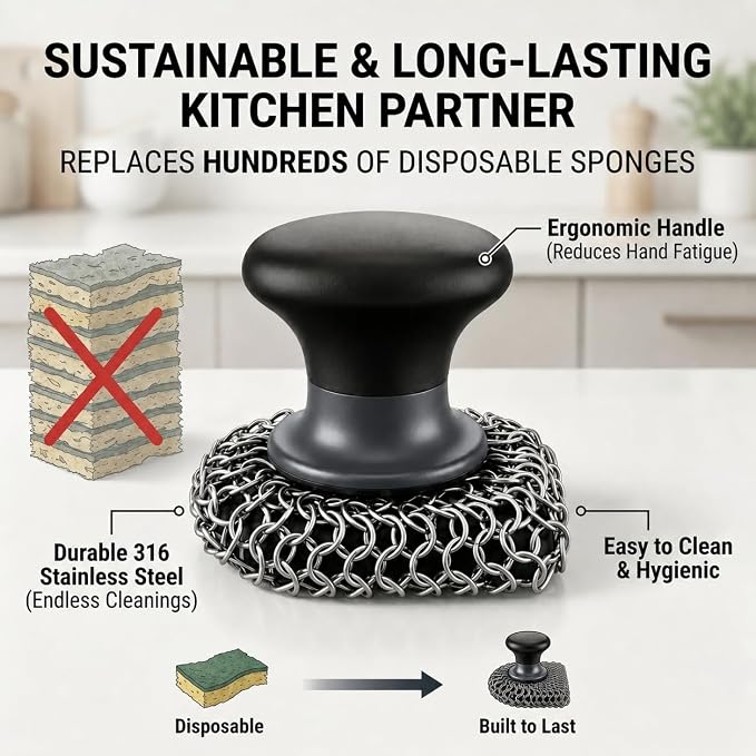 Cast Iron Scrubber and Scraper | 316 Chainmail Scrubber for Cast Iron Pan | Chain Mail Scrubber for Cast Iron Skillet Cleaner | Dishes Pots Wok Griddle Grill | Dish Scouring Pad Dishwasher Safe, Black2