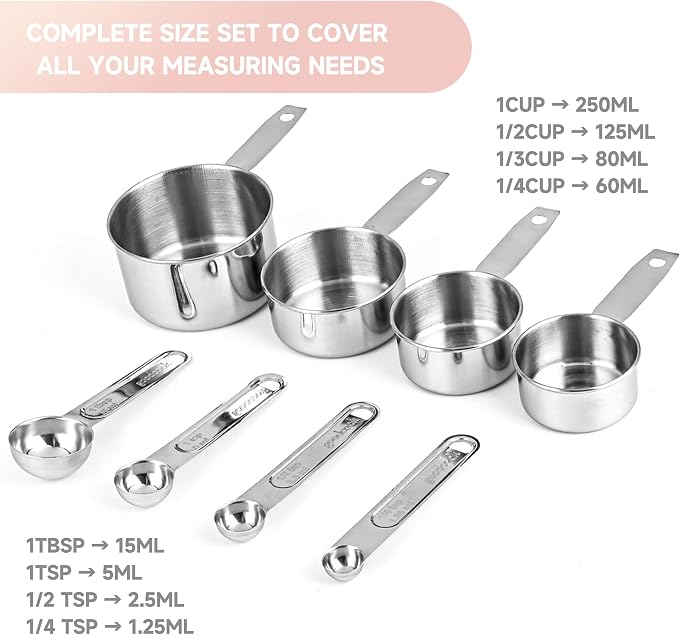 Measuring Cups and Spoons Set, 8 Piece | Nesting design for compact storage, includes 4 cups + 4 spoons, for cooking and baking