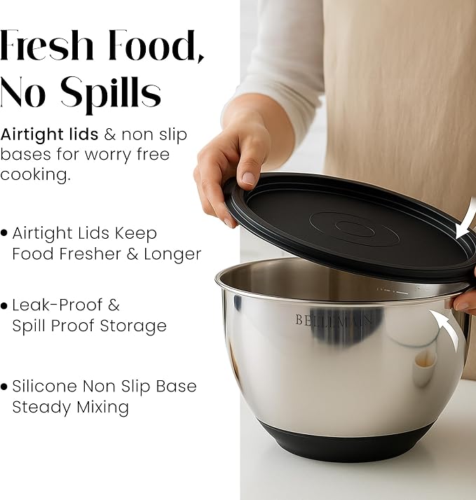 Bellemain Stainless Steel Mixing Bowls with Airtight Lids Set - Set of 3 | Non-slip Silicon Base, Kitchen Essentials for Baking & Serving (Mix, Serve, and Store), Rust resistant, Dishwasher Safe