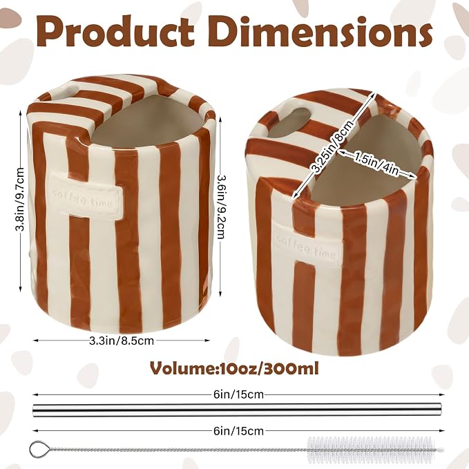 1 Pack Ceramic Mug with Sip Hole, Simple, Brown | 10oz Ceramic Coffee Cup with Straws, Retro Hand Painted Striped, for Iced Coffee Tea Latte Espresso, Kitchen Dining Travel