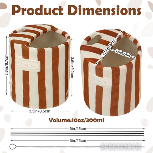 1 Pack Ceramic Mug with Sip Hole, Simple, Brown | 10oz Ceramic Coffee Cup with Straws, Retro Hand Painted Striped, for Iced Coffee Tea Latte Espresso, Kitchen Dining Travel