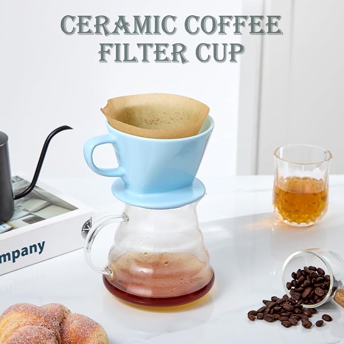 Pour Over Coffee Dripper, Ceramic Pour Over Coffee Maker, Blue | 3 Holes Flat Bottom, Easy Manual Brew Maker, Porcelain Slow Filter Cone for Travel, Camping, Office, Home
