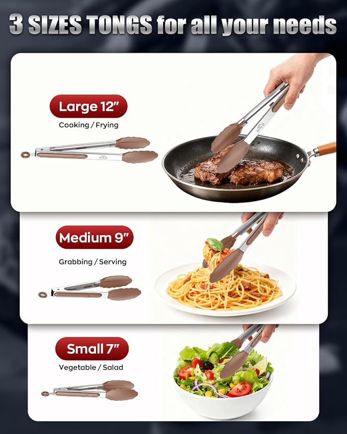 Good Grip Cooking Tongs with Silicone Tips, Set of 3-7" 9" and 12" | 600ºF Heat Resistant, 5-Layer Heavy Duty Stainless Steel, Pull Lock, Non Stick - Kitchen Tongs for Salad, Cooking and Frying