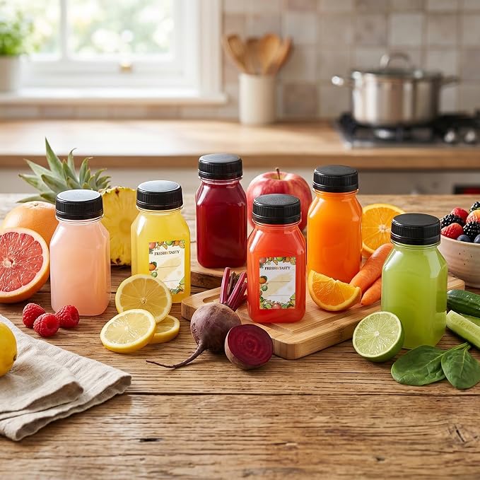 80pcs 4oz Plastic Juice Bottles with Caps, Sticker Labels, Brush | 4oz Plastic Containers with Lids Empty Reusable Clear Ginger Shots Bottles with Label, Funnel, and Brush Beverage for Juicing