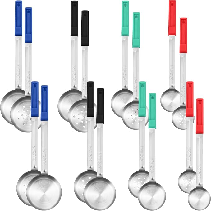 Teenyyou 16 Pcs Portion Control Serving Spoons, Restaurant Measuring Serving Ladle Utensils, Portion Control Slotted Scoops for Weight Loss, Solid and Perforated Scoops(4 Colors,4 Sizes)