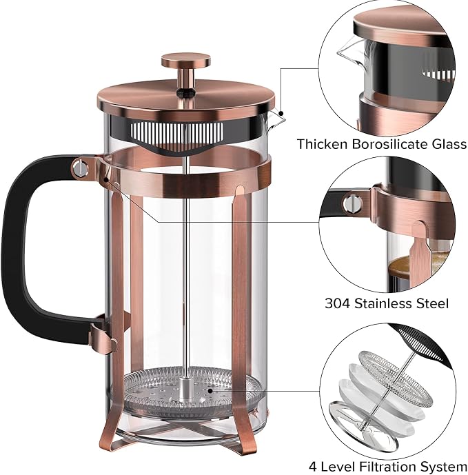 QUQIYSO French Press Coffee Maker, Borosilicate Glass Coffee Press | Thickened Glass Stainless Steel Coffee French Press,Easy to Clean,4 Filter Suitable for Kitche Camping Gifts (21oz, Copper)