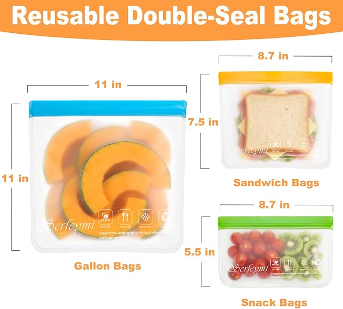 Serfeymi 10 Pack Reusable Gallon Freezer Bags Dishwasher Safe, Extra Thick Reusable Plastic Bags BPA Free, Leak Proof Food Storage Bags with 3 Sizes for Meat, Travel - 3 Gallon 4 Sandwich 3 Snack