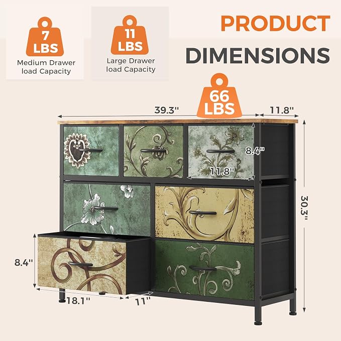 Sweetcrispy 7 Drawer Dresser for Bedroom Storage, Fabric Bins, Floral Print | Anti-Tip Closet Organizer, Wooden Top and Sturdy Steel Frame, Spacious Drawers for Clothes Storage, Hallway Entryway