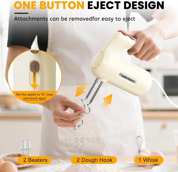 Lord Eagle 5-Speed Hand Mixer Electric With 4 Mixing Bowls Set | 300W Lightweight Kitchen Handheld Mixer with Measuring Cups & Spoons, Stainless Steel Bowls, Baking Supplies for Cake, Cream