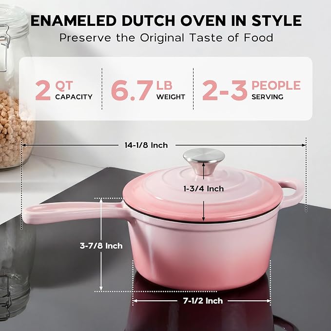 Onader Cast Iron Sauce Pan Pot, 2QT Small Saucepan with Lid, Enameled Cast Iron Dutch Oven Cooking Kitchen Pot – Pink