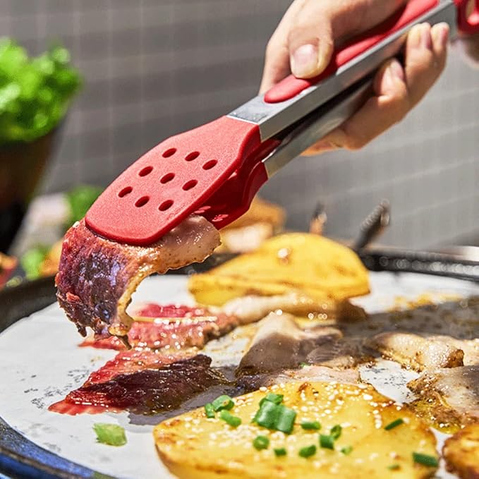 9 Inch Kitchen Tongs, Stainless Steel Cooking Tongs with Silicone Tips | For Cooking/Serving/Grilling | Heat-Resistant | Food-Grade Material | Dishwasher Safe | Red