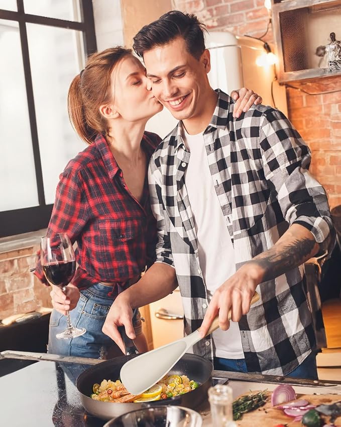 Multifunction Spoon for Nonstick Cookwares, Great for Cooking and Serving, Sturdy BPA-Free Matte Silicone, Wood Handle spoonula for Mixing, Scoop, and Scrape, Khaki(2 pack,11.4" & 13.4")