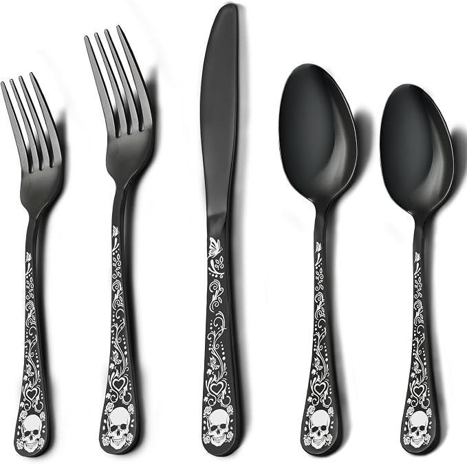 Skull Black Silverware Set for 4, 20-Piece Black Flatware Set, Gothic Skeleton Cutlery for Decoration, Halloween, Christmas, Party, Gift, Housewarming