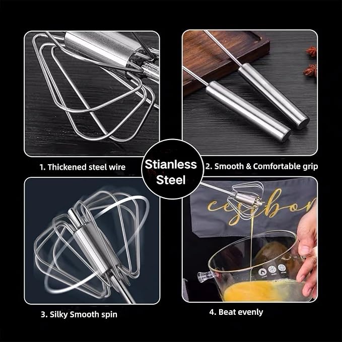 12 Inch Stainless Steel Egg Whisk - Hand Push Rotary Whisk Blender - Versatile Milk Frother, Hand Push Mixer Stirrer for Beating & Stirring, Whisking, Blending