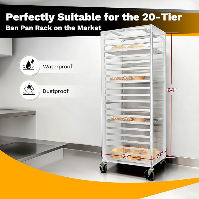 BIEAMA 20 Tier Full Size Bun Rack Cover, Commercial Bakers Racks Cover | Clear PVC Sheet Pan Rack Cover with 2 Sided Zippers, 27" L x 21" W x 64" H