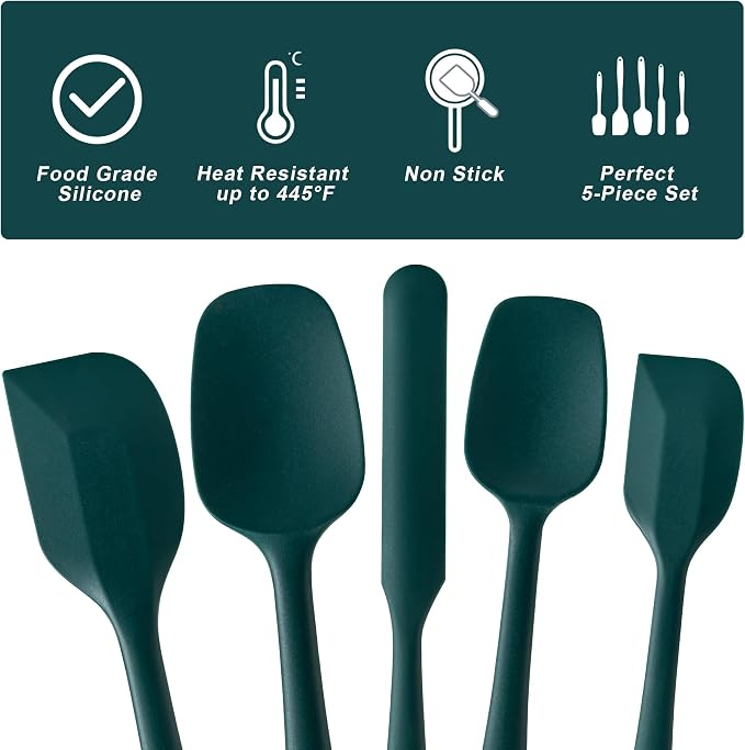 Silicone Spatula Set,5 Piece Food Grade Rubber Spatulas,Dark Green | Spatulas Silicone Heat Resistant for Baking,Cooking,and Mixing High Heat Resistant Non Stick Dishwasher Safe BPA-Free