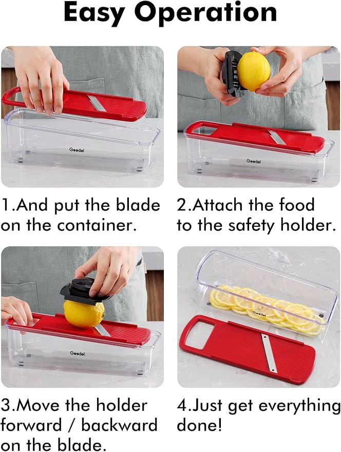 Geedel Professional Mandoline Slicer for Kitchen, Multi Purpose Vegetable Slicer Cutter, Vegetable Cutter Onion Cutter for Veggie Fruit Cheese | Slice, Shred & Julienne, Sharp Stainless Steel Blades, Dishwasher Safe, No BPA, Safety Hand Guard, For Vegg...