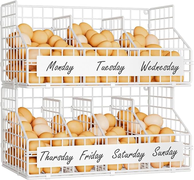Egg Holder Countertop with 5 Dividers & DIY Labels to Separate Eggs, 2-Tier Stackable Wire Baskets, XXL Egg Basket for Gathering Fresh Eggs - Egg Organizer for Wall-Mounted(Patent Pending), White