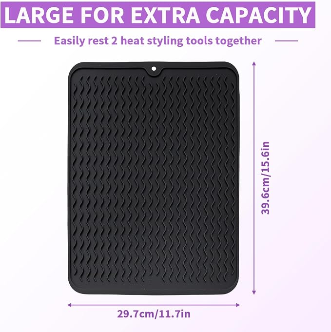 Oversize Silicone Heat Resistant Mat, Heat Mat with for Curling Iron, Travel Cover Cushion for Curling Irons, Hair Bands and Styling Tools(15.7" X 11.8") (Black)