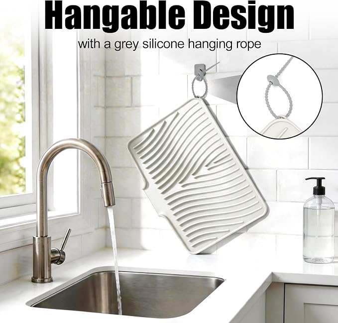 TIKNIK Silicone Dish Drying Mat for Kitchen Counter, Cream-1pcs, 20" x 15" | Heat Resistant & Non-Slip Dish Drain Pad with Built-In Drain, Dishwasher Safe, Quick-Dry, Hangable & Roll-Up for Storage