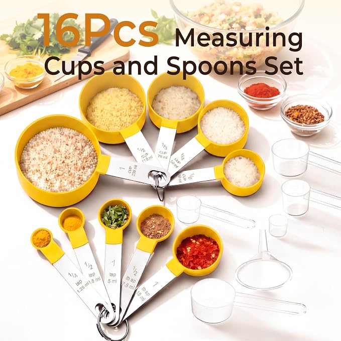 16PCS Measuring Cups and Spoons Set, Measuring Spoon Set with Metric and US Measurements, Fits for Measuring Dry and Liquid (Yellow)