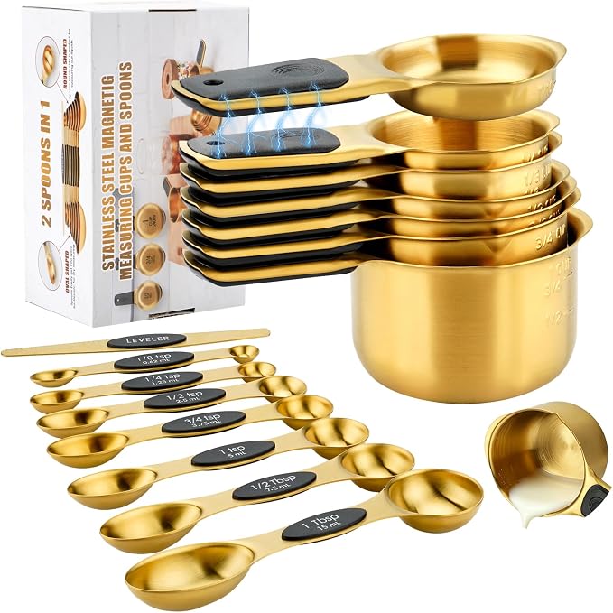 Stainless Steel Magnetic Measuring Cups and Spoons Set of 15 | Double Sided for Dry and Liquid Ingredients, BPA Free, Rust Resistant,Dishwasher Safe with Leveler for Baking and Cooking