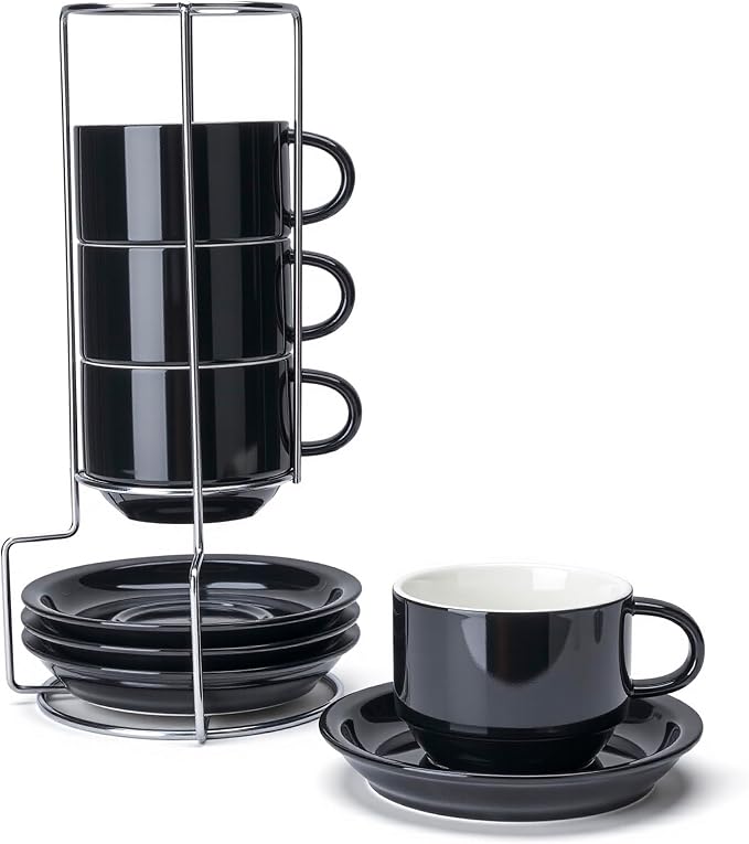 Sweese 8 Ounce Stackable Cappuccino Cups with Saucers and Metal Stand,Black | Porcelain Cappuccino Cups Set of 4 for Specialty Coffee Drinks, Cappuccino, Latte, Americano, Cafe Mocha and Tea