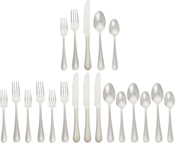 Amazon Basics Silverware Set, Stainless Steel Flatware, Dishwasher Safe, Easy to Clean, Service for 4, 20-Piece Forks and Spoons, Pearled Edge
