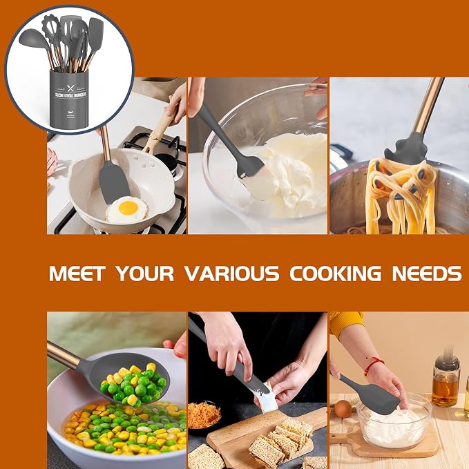 Silicone Cooking Utensil Set, Umite Chef Kitchen Utensils 15pcs Cooking Utensils Set Non-stick Silicone Rose Gold Handle Cooking Tools Whisk Kitchen Tools Set -Grey